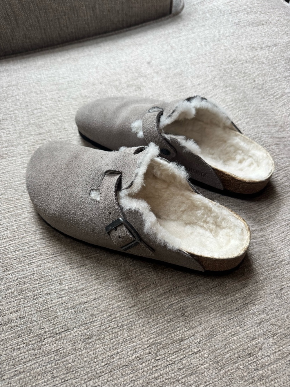 Birkenstock Gray Suede Furry Lined Clogs
